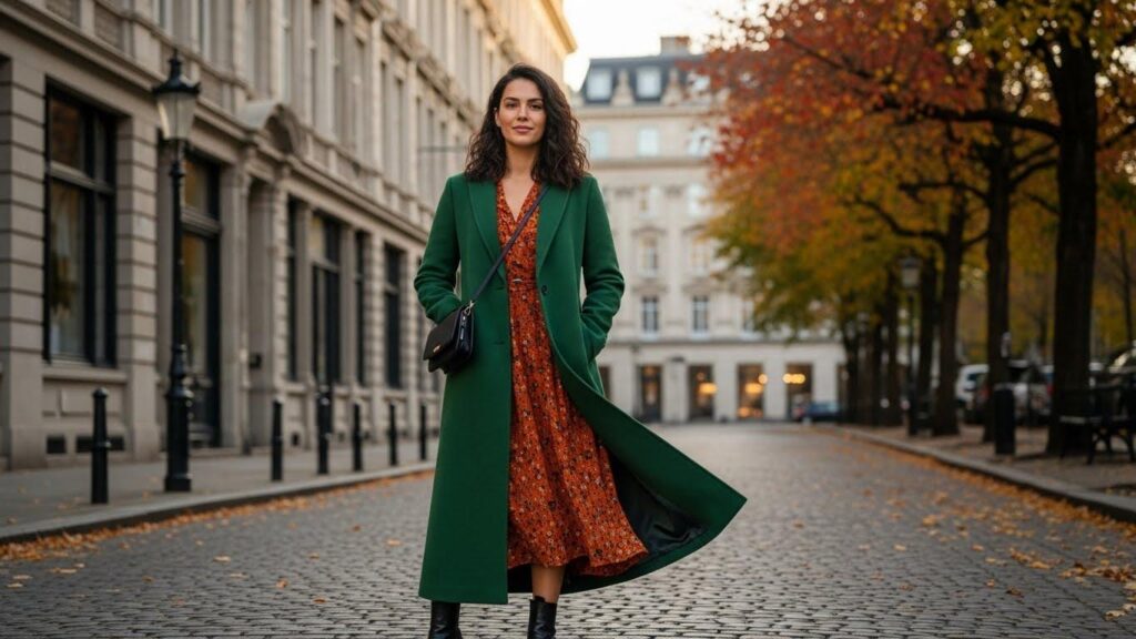 Kobieta w sukience midi i w płaszczu