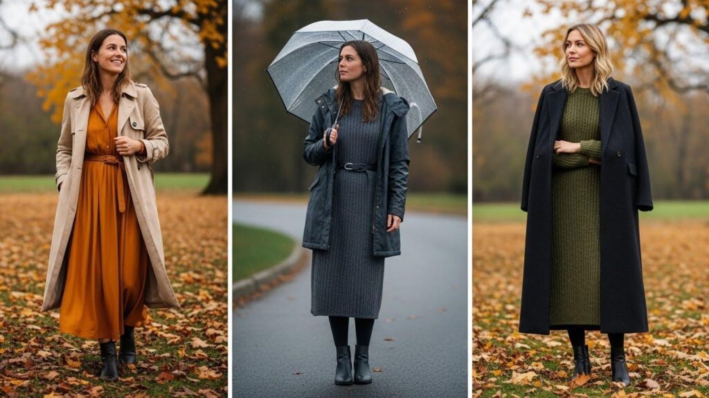 Trzy kobiece jesienne stylizacje z sukienką midi