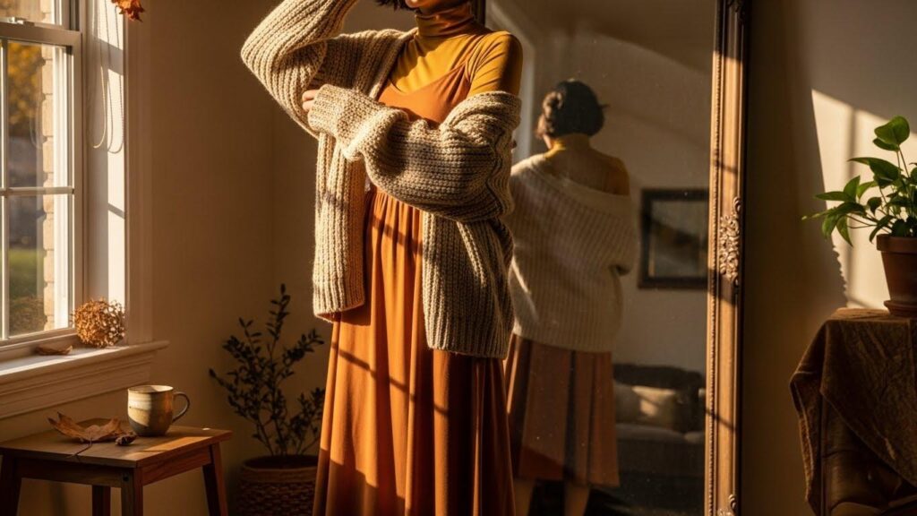 Kobieta w sukience midi ubrana metodą warstwowości