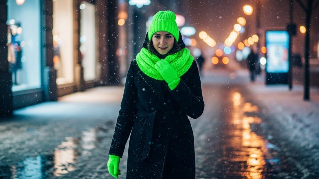 Kobieta w ciemnym płaszczu i czapce, rękawiczkach oraz w szaliku w odcieniu Cyber lime
