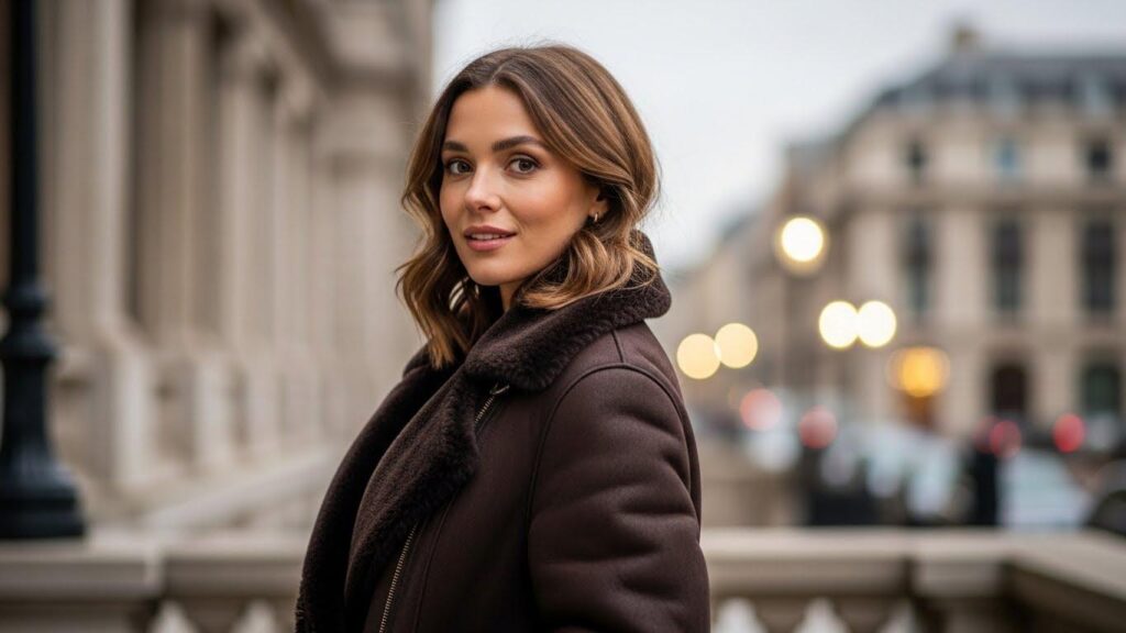 Kobieta w kożuchu w kolorze Dekadenckiej Czekolady.