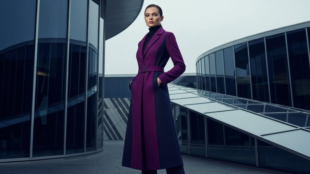 Kobieta w długim płaszczu w odcieniu Future Dusk