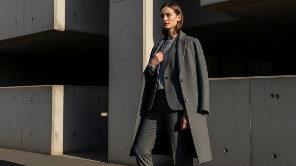 Kobieta w monochromatycznej stylizacji w odcieniu Sustained Grey