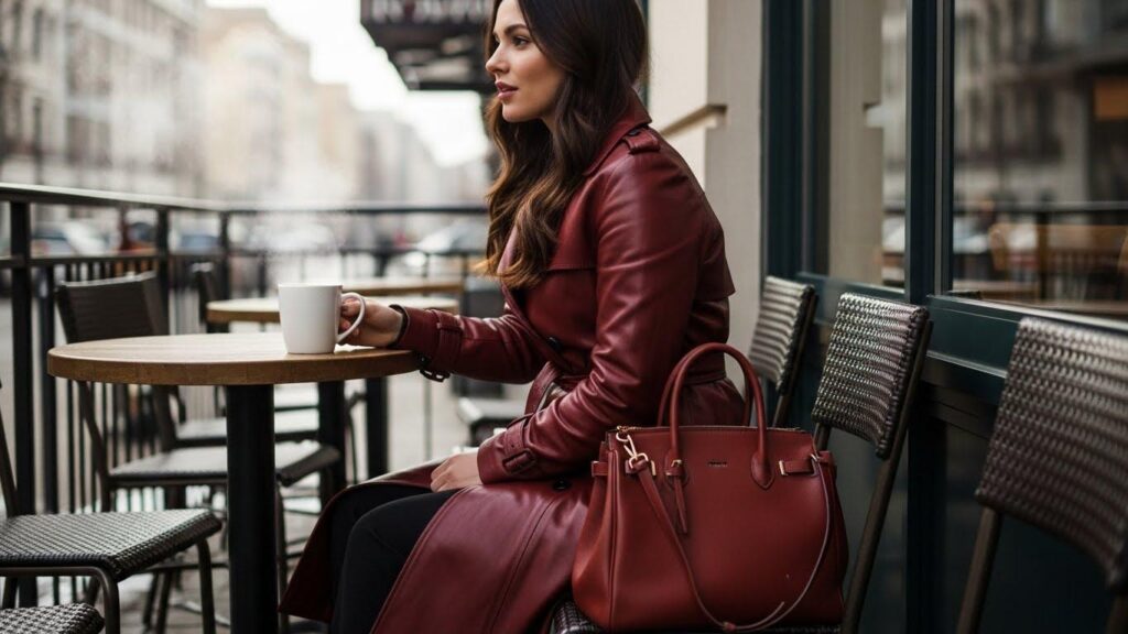 Kobietę zimą, ubrana w skórzany trencz w odcieniu oxblood