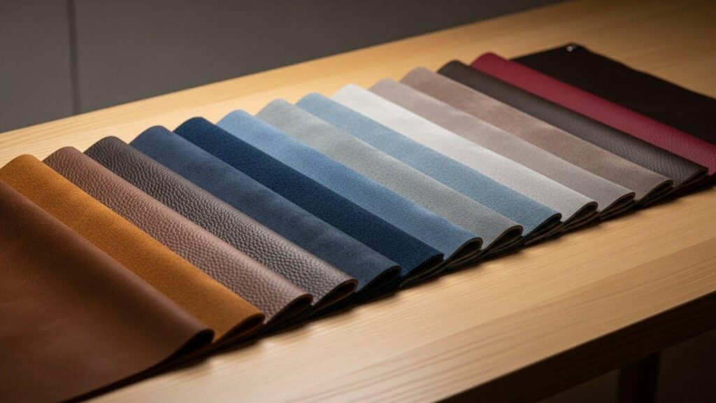 Próbki skóry w różnych fakturach i kolorach