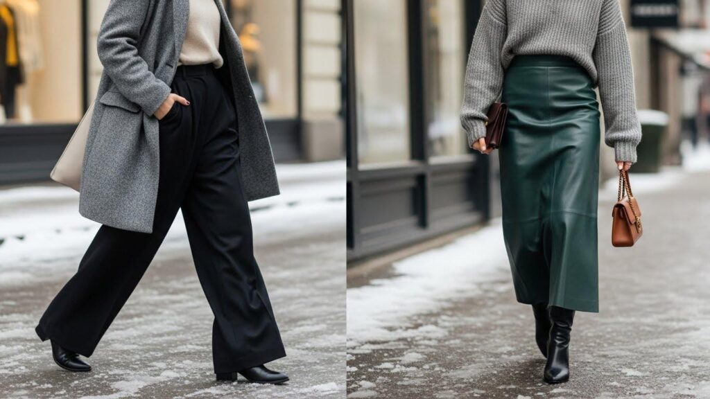 Dwie zimowe stylizacje ze spodniami i spódnicą