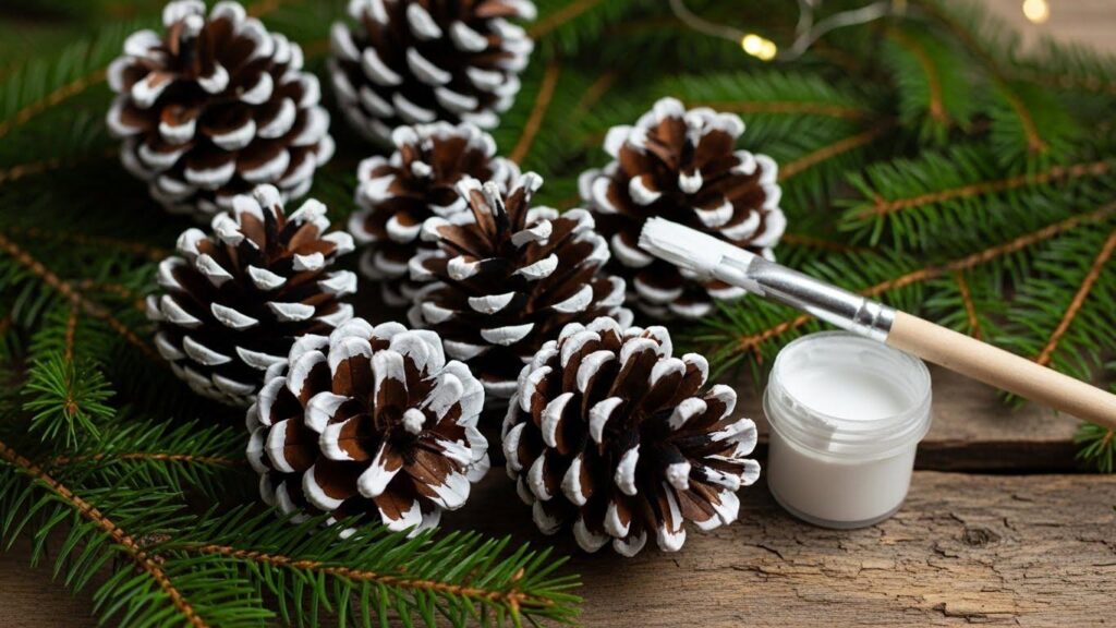 Szyszki z efektem śniegu jako ozdoba na choinkę