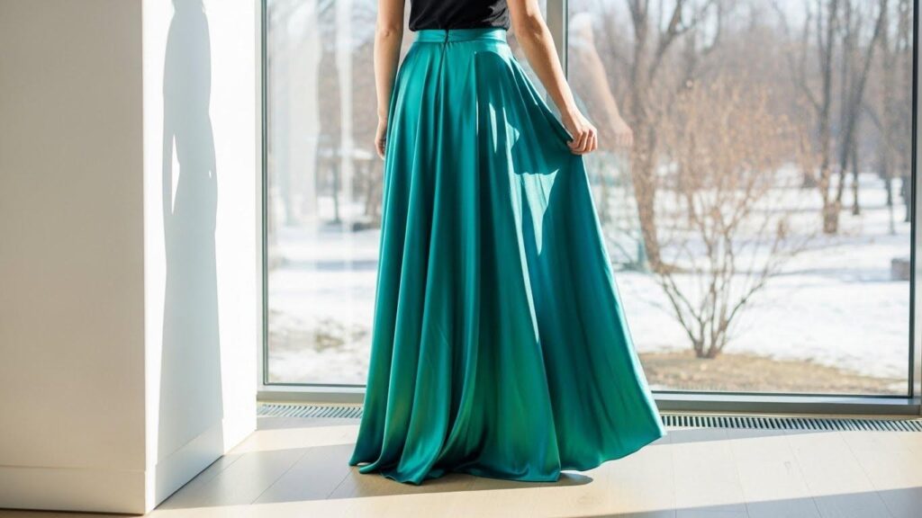 Kobietę w satynowej spódnicy w kolorze Transformative Teal