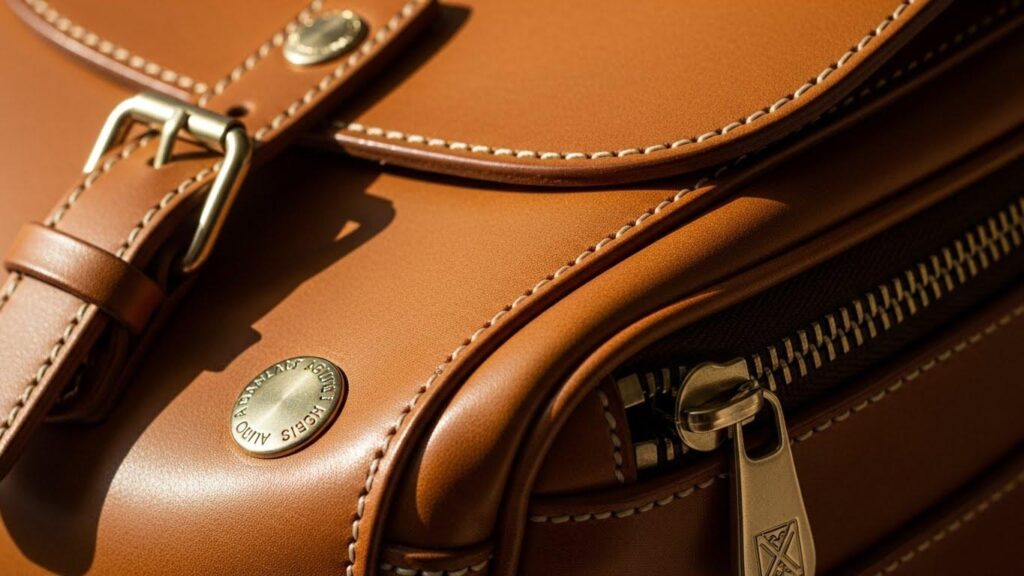 Zbliżenie na detale skórzanej torebki: staranne szwy, metalowe okucia i wykończenie krawędzi