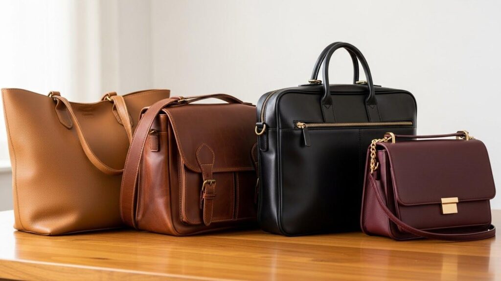 Skórzane torebki: shopperka, listonoszka, kuferek i model średni.