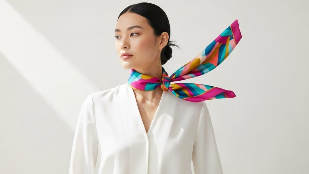Kobieta w minimalistycznej stylizacji, z kolorową jedwabną apaszką zawiązaną na szyi