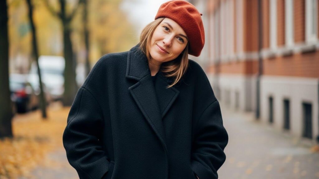 Kobieta w płaszczu z beretem na głowie.