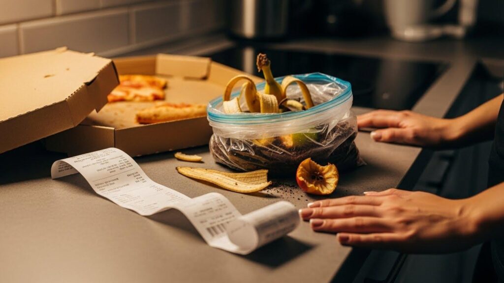 Kuchenny blat z pomieszanymi odpadami: zatłuszczone pudełko po pizzy, paragon, plastikowy worek z bioodpadami.