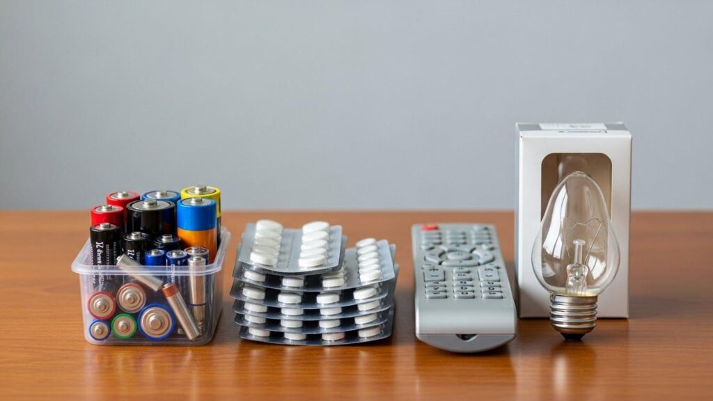 Stolik w domu, na której leżą baterie, stare lekarstwa w blistrach, pilot, żarówka.