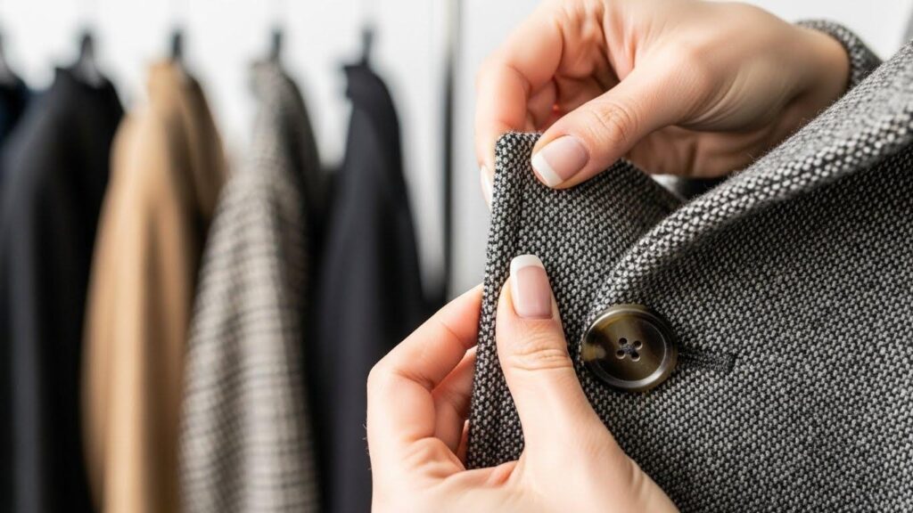 Kobieta zwracająca uwagę na detale w płaszczu
