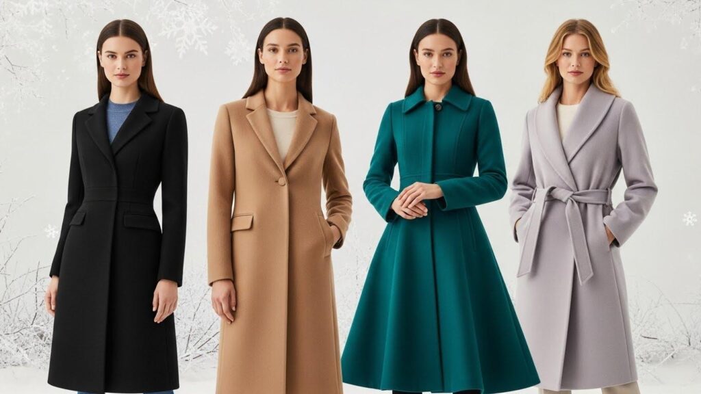 Cztery kobiety, każda ubrana w inny typ płaszcza: taliowany, prosty, rozkloszowany, wiązany