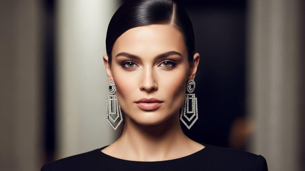 Kobieta z gładko upiętymi włosami i dużymi, wyrazistymi kolczykami.
