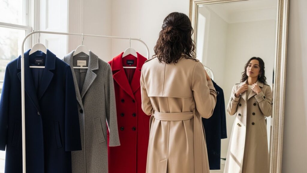 Kobiety dobierająca kolor płaszcza pod swoją urodę