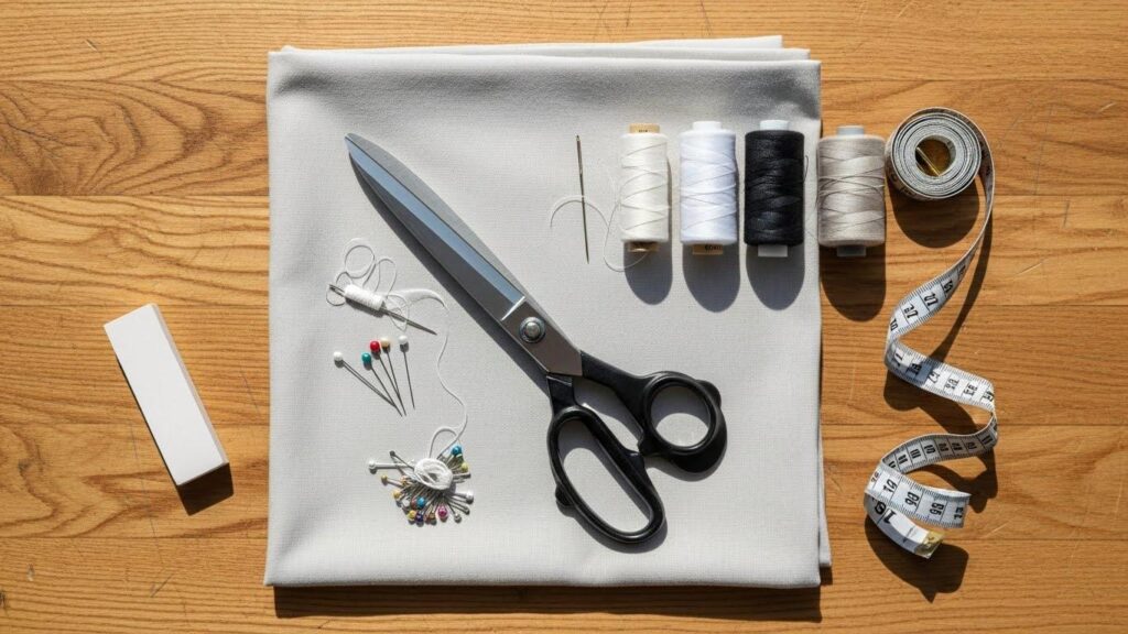 Na stole rozłożone są podstawowe akcesoria do szycia: tkanina bawełniana, nożyczki krawieckie, nici, igła, szpilki, centymetr krawiecki i kreda krawiecka.