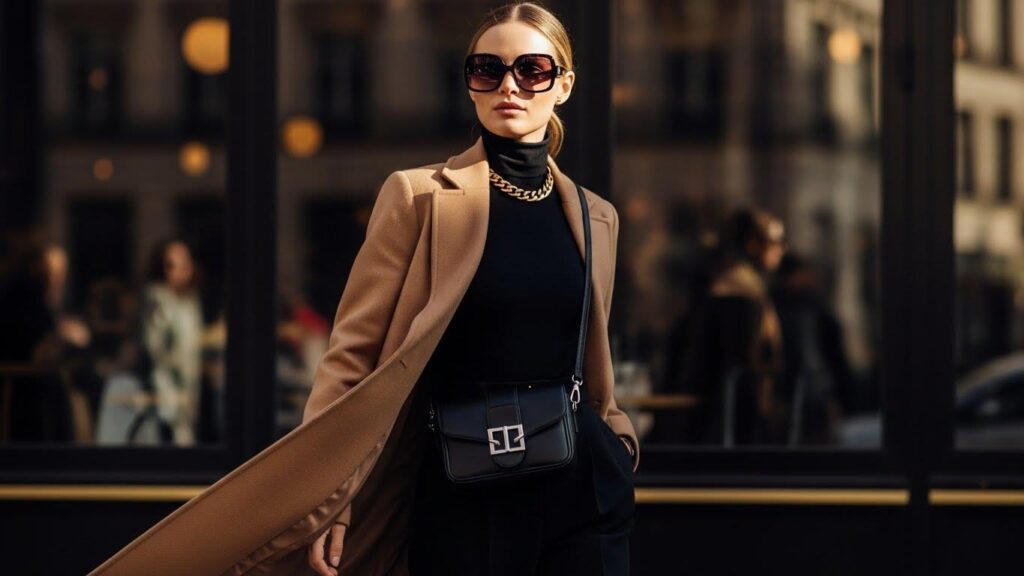 Kobieta w miejskiej stylizacji z płaszczem, nosząca duże okulary przeciwsłoneczne.