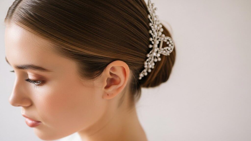 Kobieta z prostą fryzurą, ozdobioną elegancką spinką 