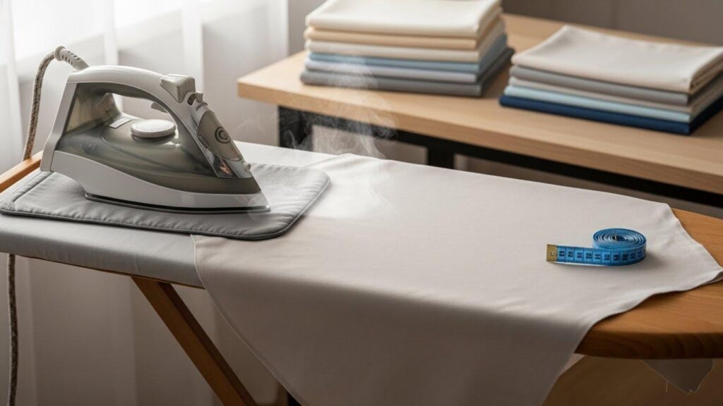 Stół do prasowania z rozłożoną tkaniną bawełnianą, obok żelazko emitujące delikatną parę.