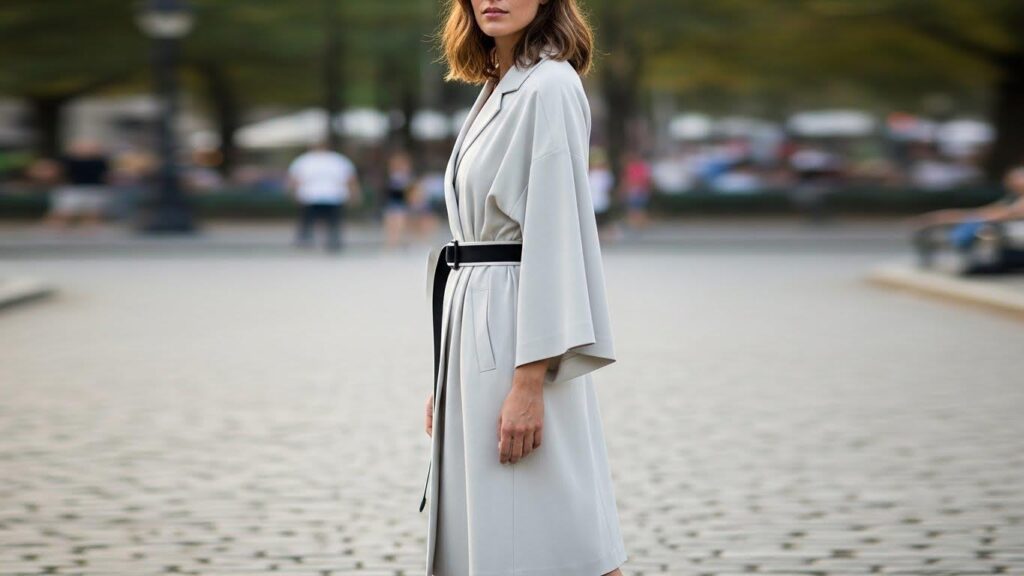 Kobieta w płaszczu z wyraźnie zaznaczoną talią za pomocą paska.