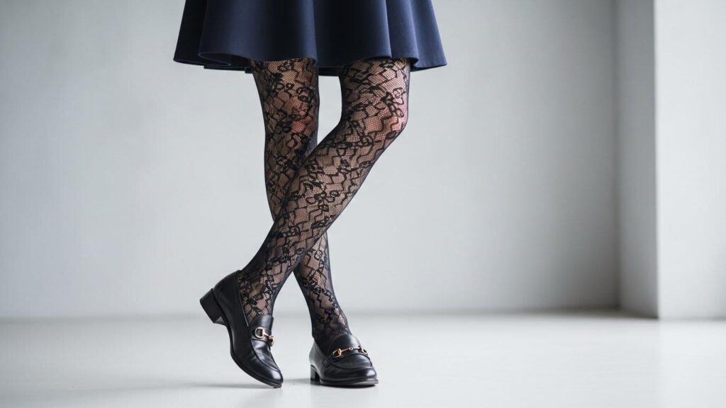 Nogi kobiety w prostej spódnicy i  wzorzystych rajstopach