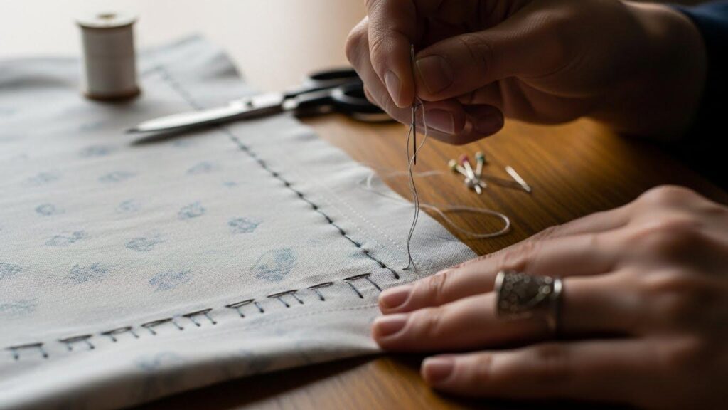 Kobieta ręcznie szyjąca poszewkę na poduszkę