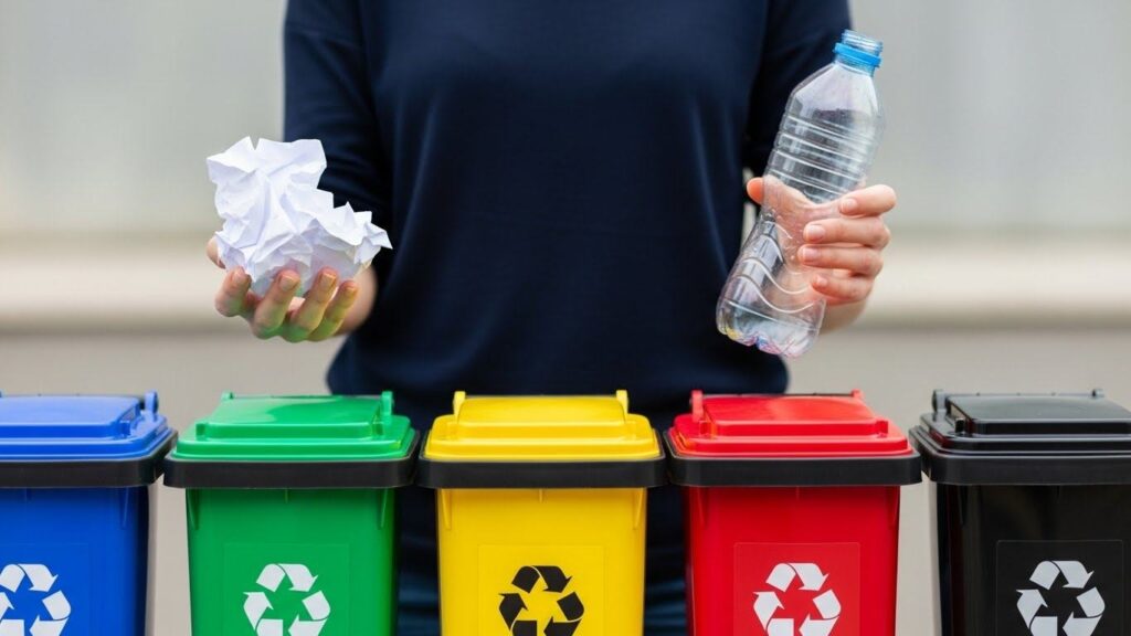 Zbliżenie na pięć pojemników do segregacji w różnych kolorach