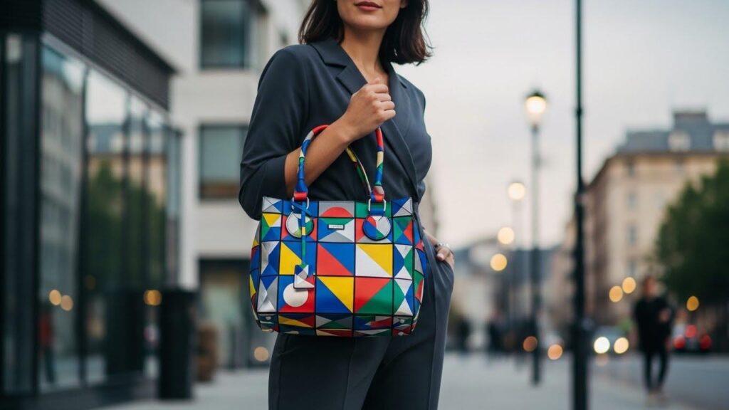 Kobieta ubrana w monochromatyczną stylizację, trzymająca w dłoni kolorową torebkę.