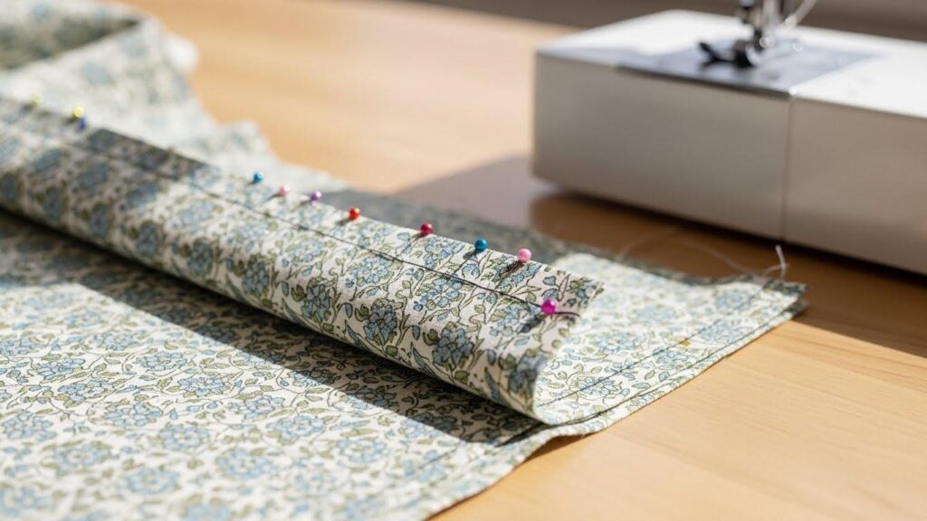 Zbliżenie na fragment poszewki z wszytym krytym zamkiem błyskawicznym. Materiał starannie ułożony, zamek niemal niewidoczny w szwie. Obok leży stopka do zamków i nici. Styl instruktażowy, neutralne kolory, wysoka szczegółowość.