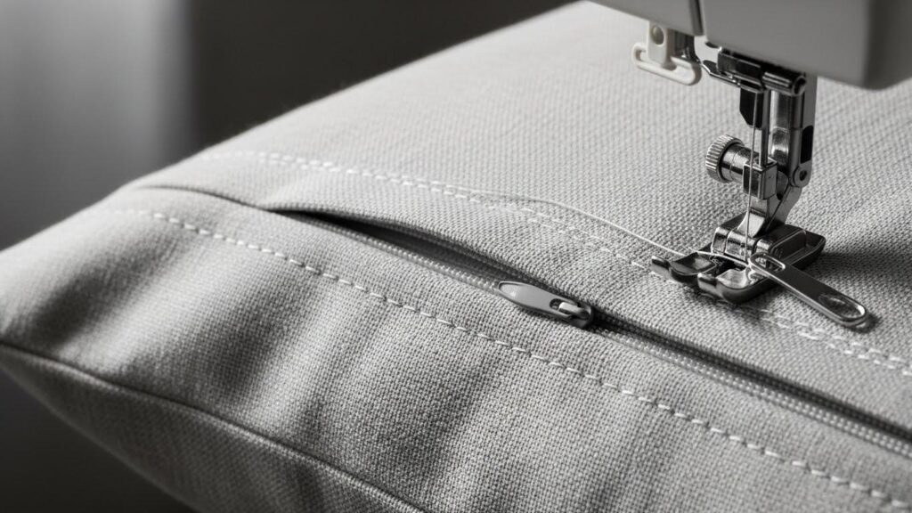 Zbliżenie na fragment poszewki z wszytym krytym zamkiem błyskawicznym.