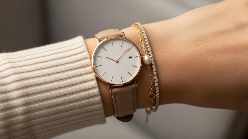 Nadgarstek kobiety z eleganckim zegarkiem