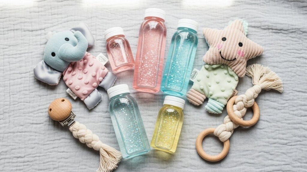 Zabawki sensoryczne dla niemowląt: butelki sensoryczne wypełnione barwną wodą i brokatem, materiałowy szeleścik oraz drewniany gryzak z bawełnianą opaską