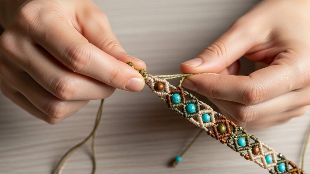 Kobieta wiążąca bransoletkę z koralików i sznurków