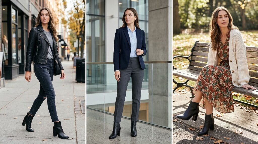 Kobieta w trzech stylizacjach z botkami na obcasie