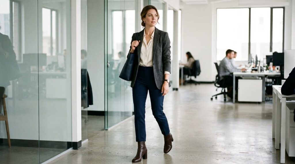 Kobieta w stylizacji do pracy z botkami na obcasie