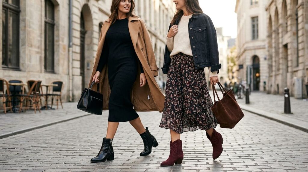 Kobiety w stylizacji z botkami na obcasie na wieczorne wyjście