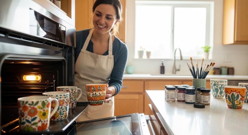 Kobieta wypalająca porcelanę w domowym piekarniku