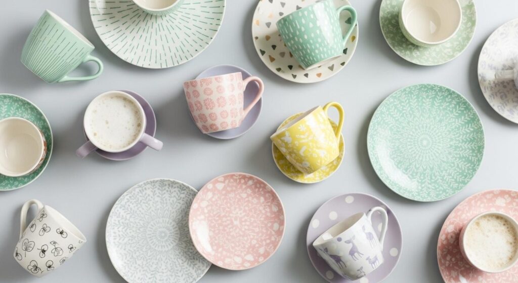 Kubki i talerze z pomalowanej porcelany