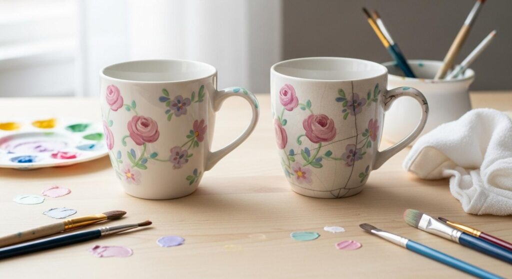 Dwa kubki z porcelany, jeden z nich jest pomalowany poprawnie, a drugi nieprawidłowo