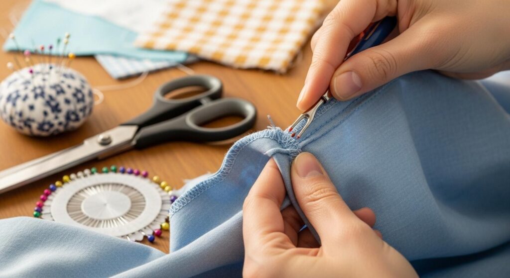 Kobieta poprawia szew w kocu patchworkowym