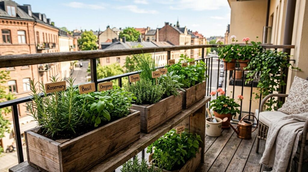 Ogród ziołowy w skrzyniach na balkonie