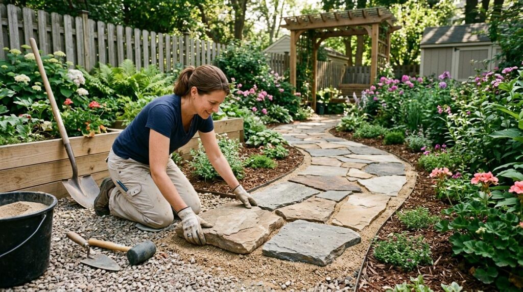 Kobieta budująca ścieżkę ogrodową DIY