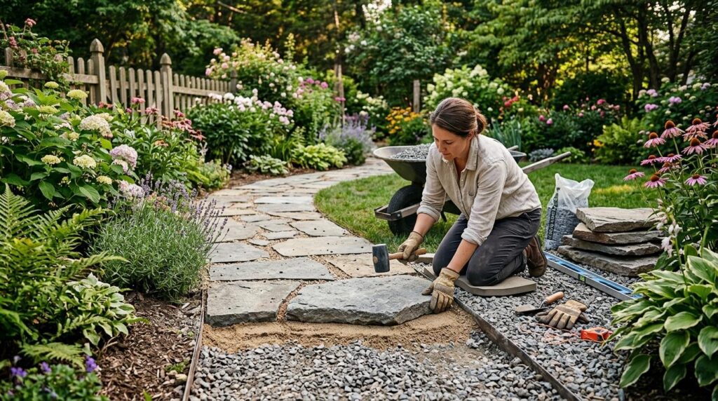 Kobieta budująca ścieżkę ogrodową DIY