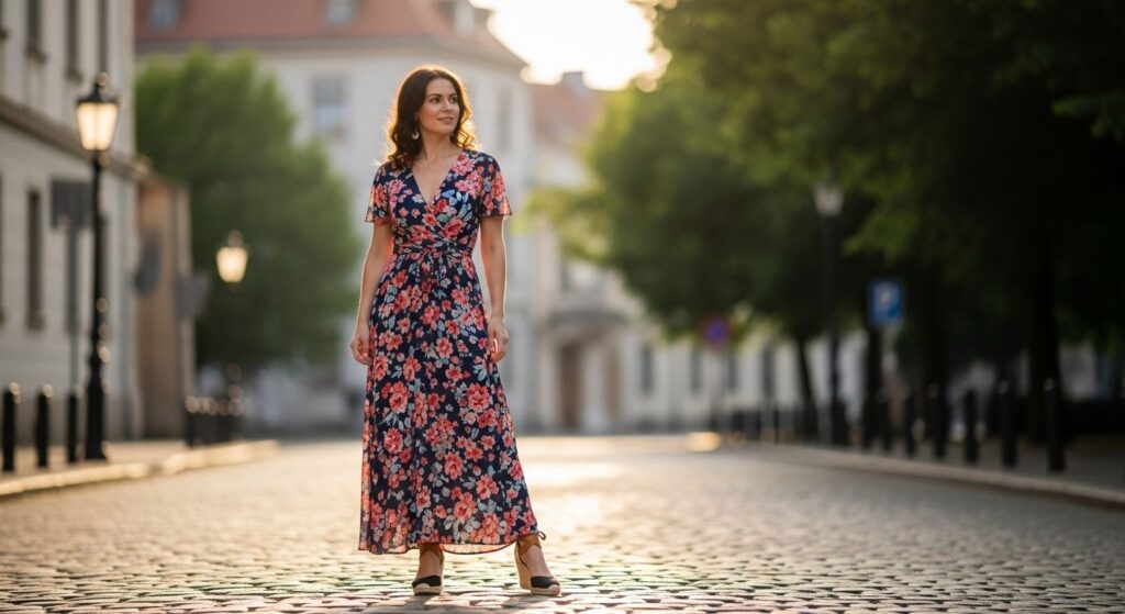 Kobieta w butach na koturnie w sukience maxi w kwiaty