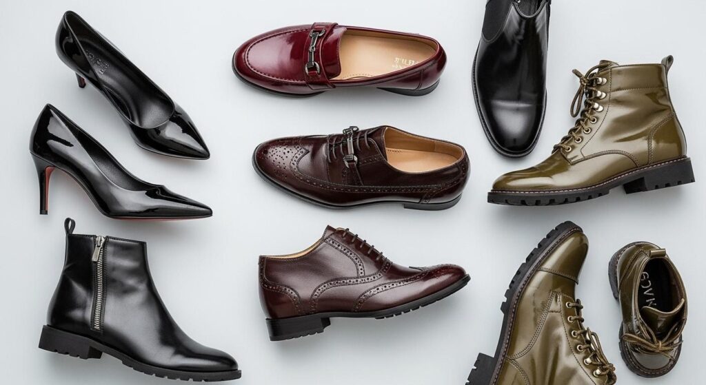 Różne rodzaje lakierowanych butów: szpilki, mokasyny, oxfordy, botki i trapery.