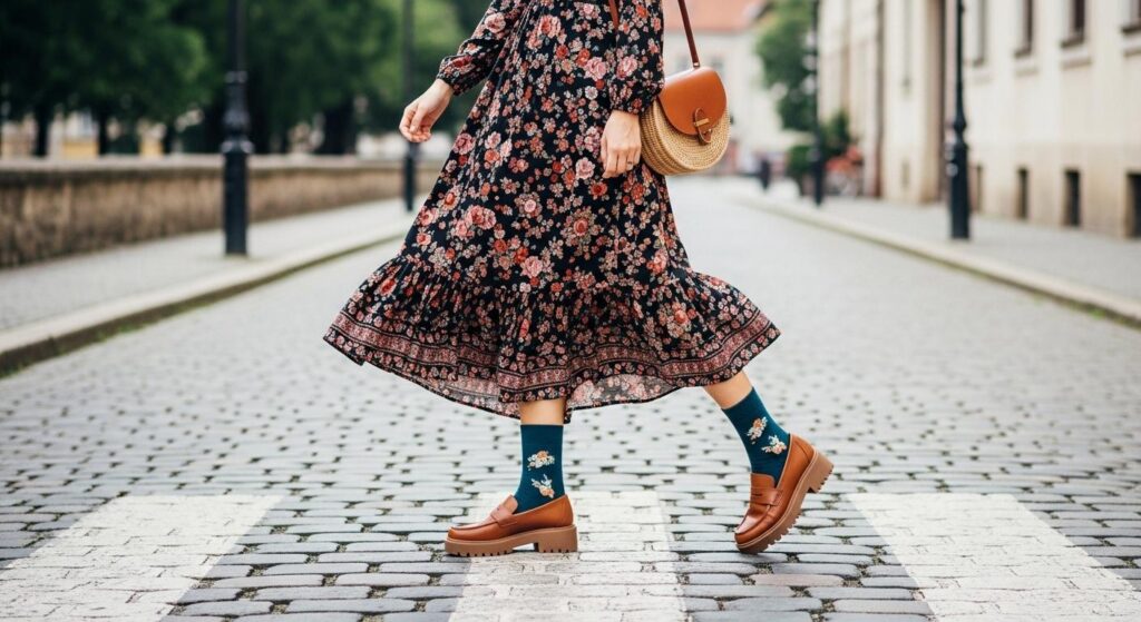 Stylizacja z mokasynami i sukienką
