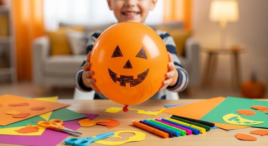 Pomarańczowy balon z narysowaną twarzą dyni